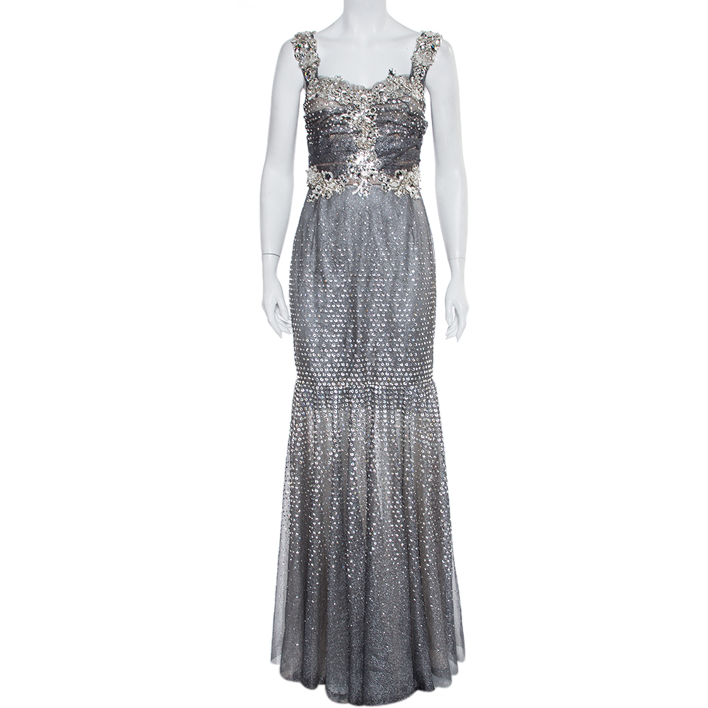 Dolce & Gabbana Silver Tulle Crystal Embellished Mermaid Evening Gown M