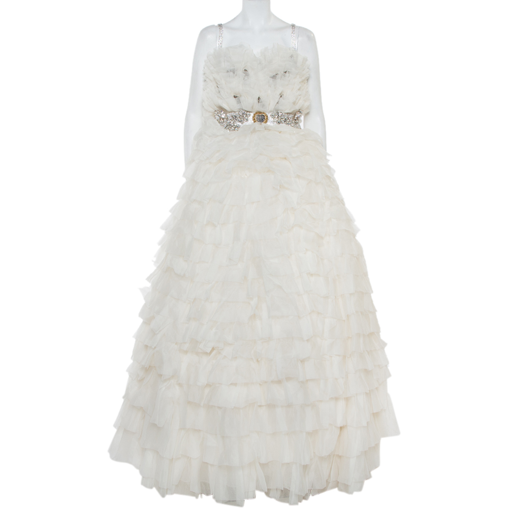 Dolce & Gabbana White Ruffled Silk Embellished Belt Detail Wedding Gown S