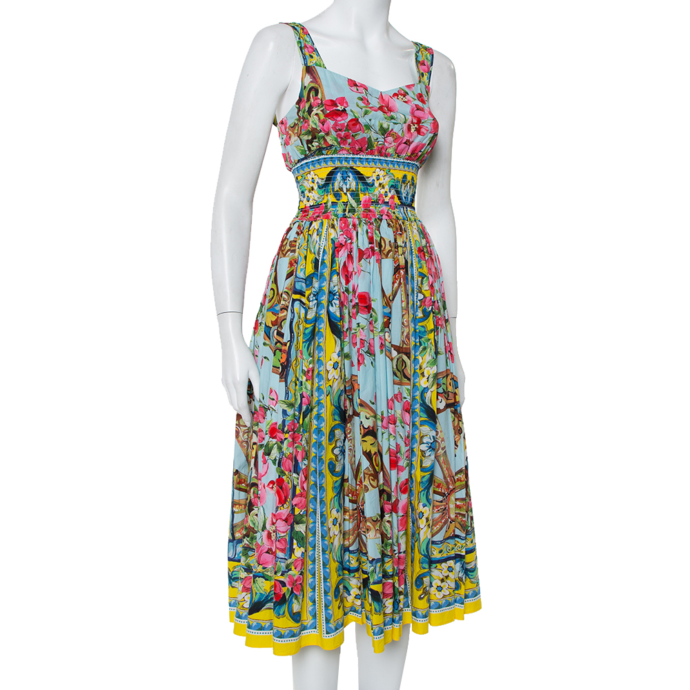 

Dolce & Gabbana Floral Print Smocked Waist Sleeveless Cotton Poplin Dress, Multicolor