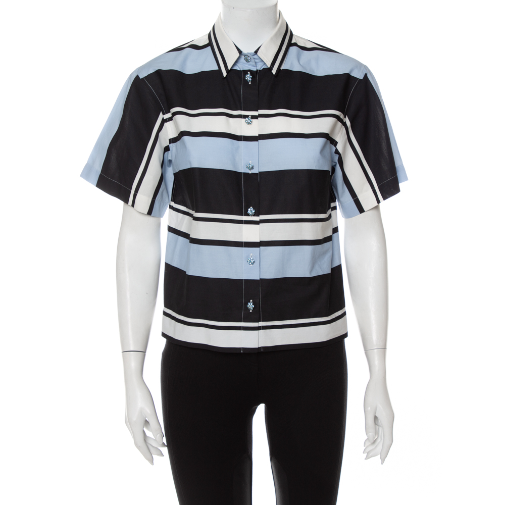Dolce & gabbana blue striped cotton cropped button front shirt m