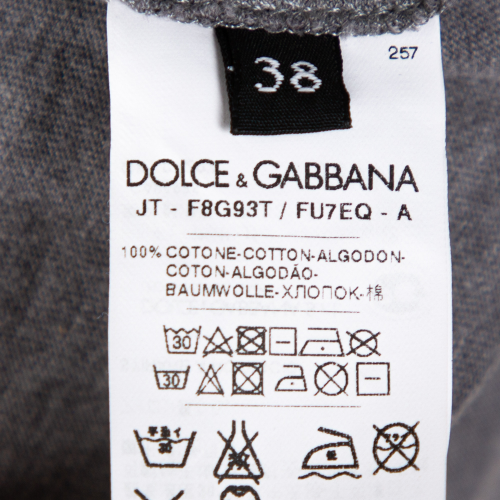 Dolce & Gabbana Grey Cotton V-Neck T-Shirt With Butterfly Printed Tasseled Silk Scarf S