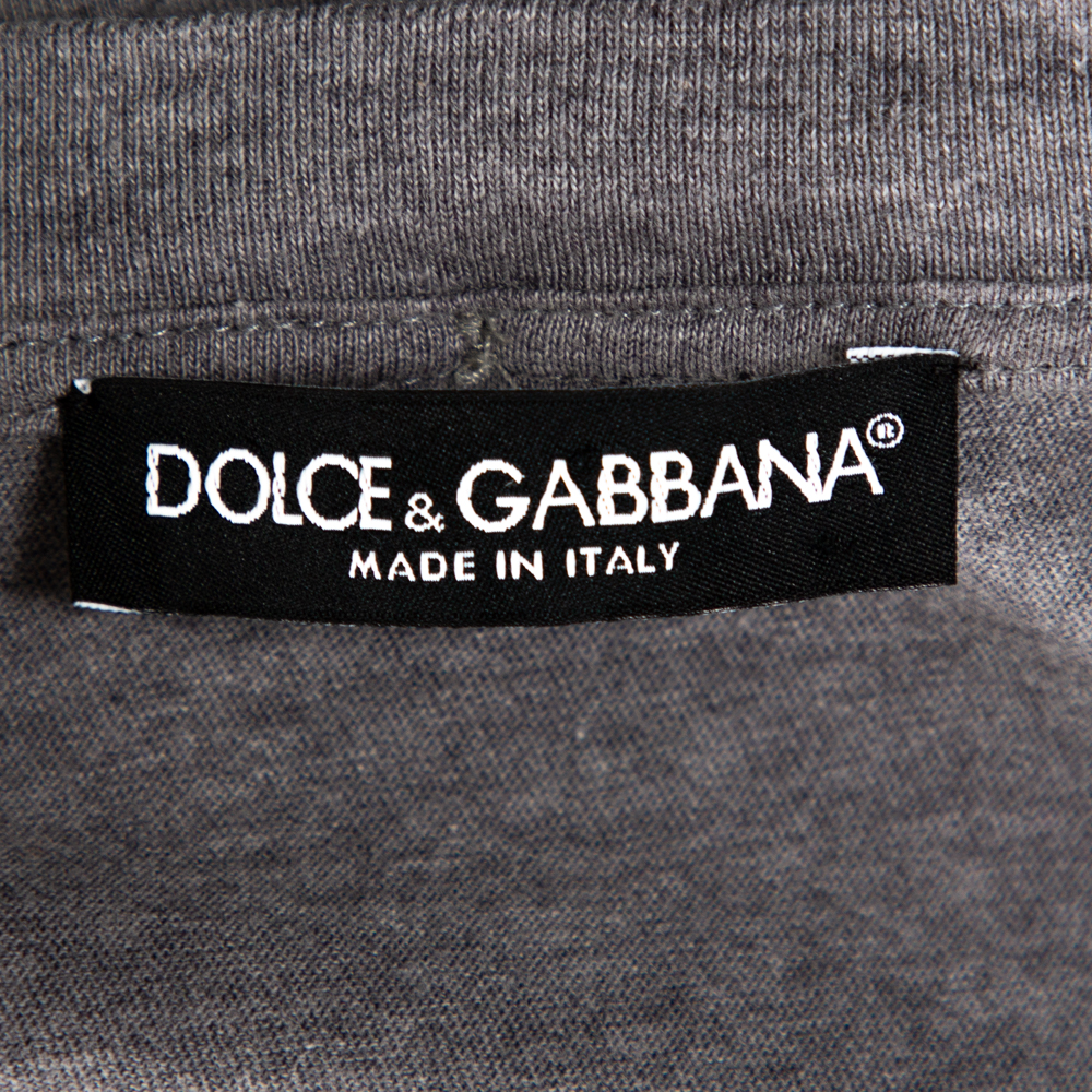 Dolce & Gabbana Grey Cotton V-Neck T-Shirt With Butterfly Printed Tasseled Silk Scarf S