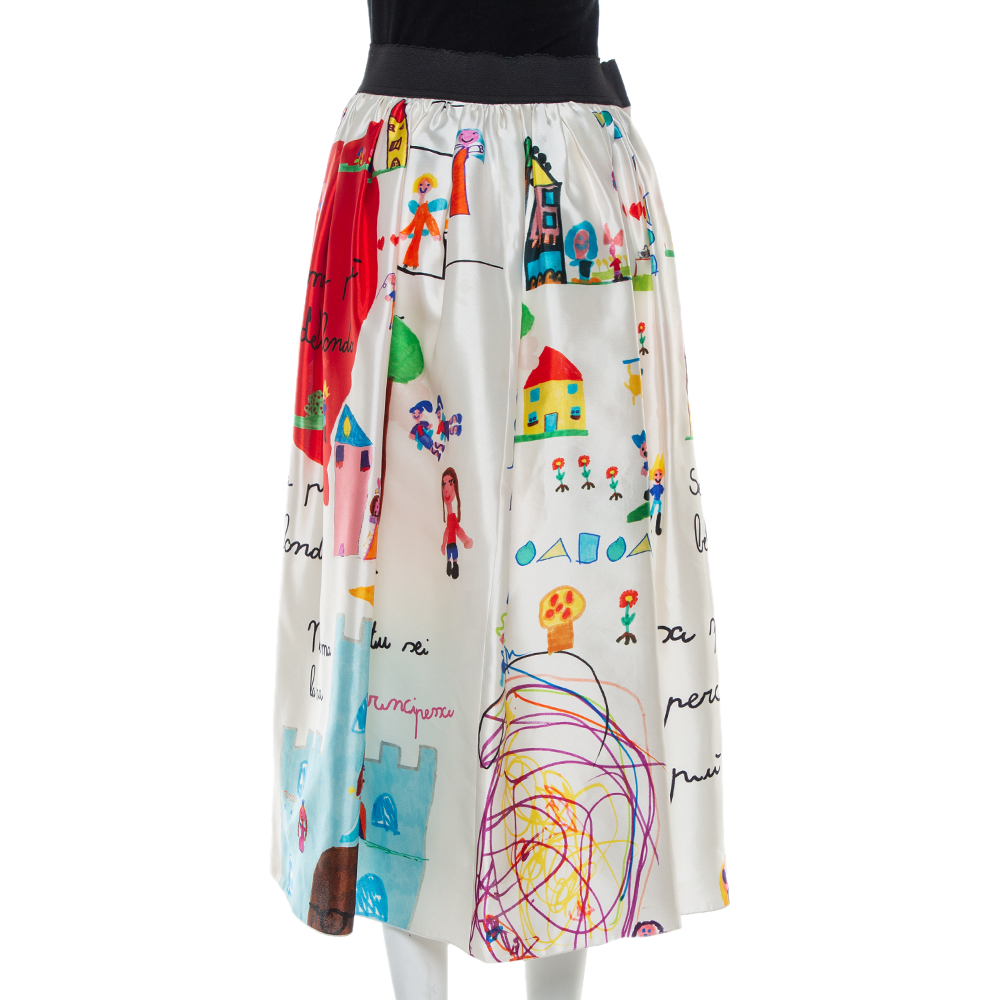 Dolce & Gabbana Multicolor Children's Drawing Printed Silk Mikado Midi Skirt M