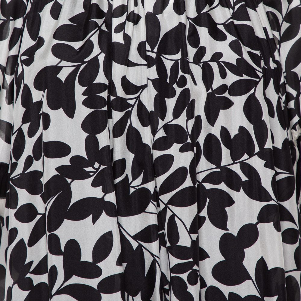 Dolce & Gabbana Monochrome Leaf Printed Silk Ruffled Midi Dress M