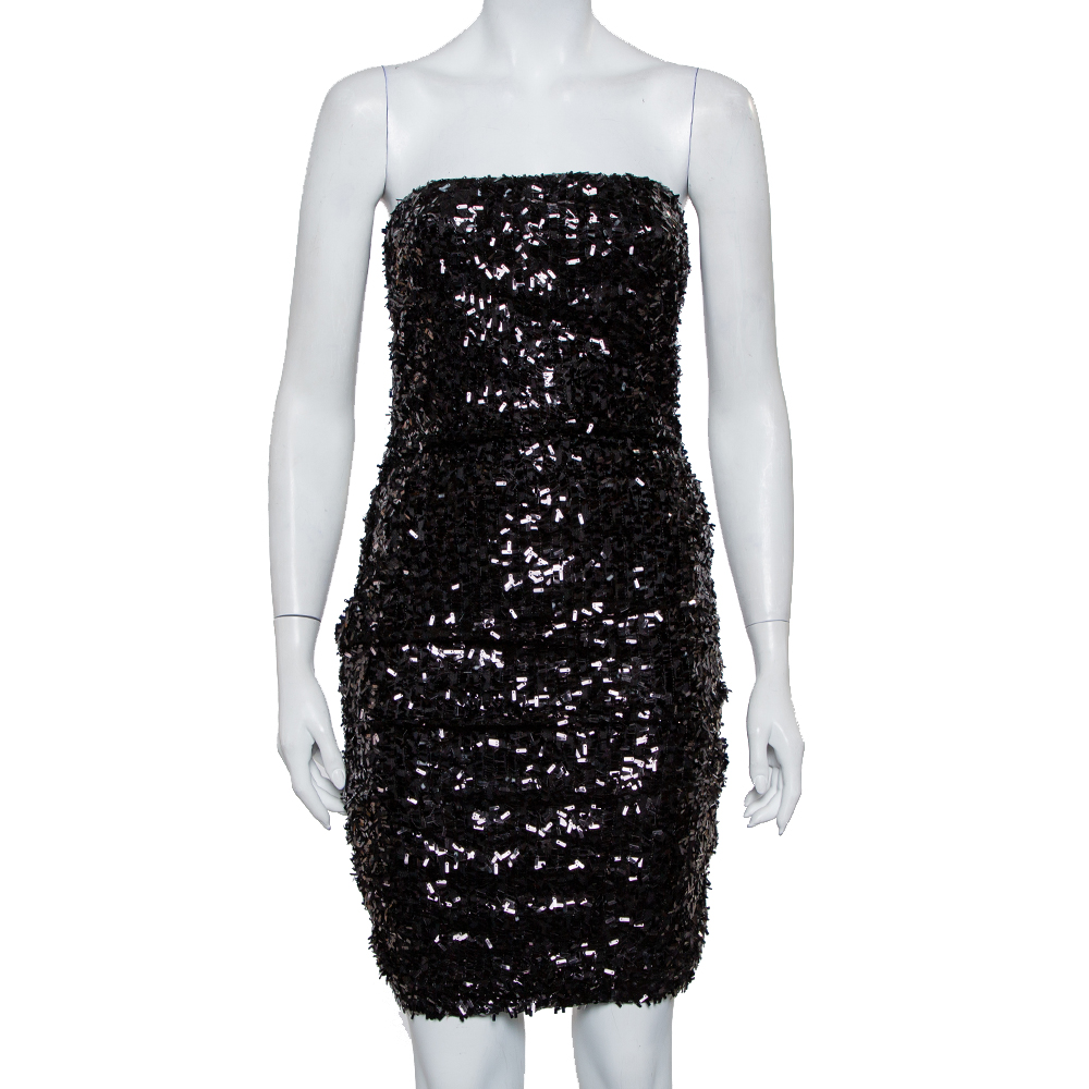 Dolce & Gabbana Black Sequined Strapless Ruched Mini Dress M
