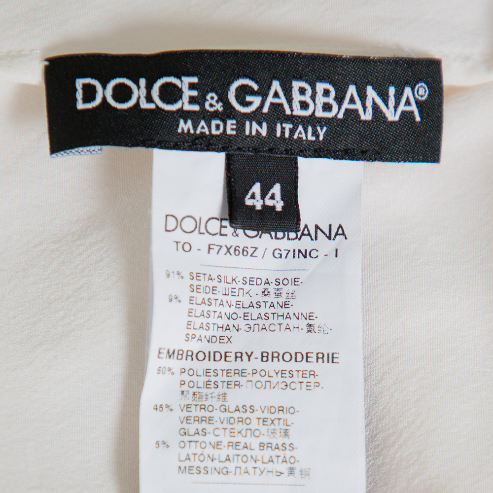 Dolce & Gabbana Cream Silk Sequin Embellished Trim Blouse M
