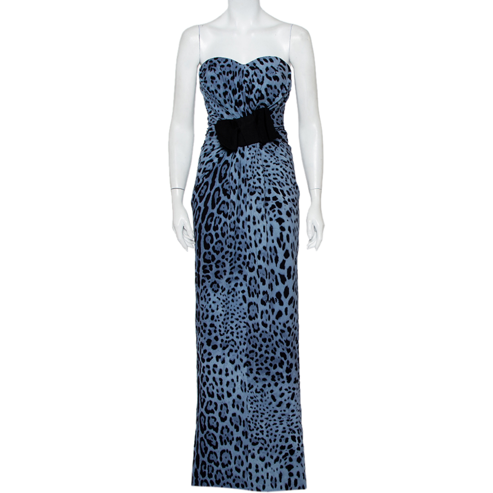 Dolce & Gabbana Blue Animal Printed Silk Bow Detail Strapless Maxi Dress M