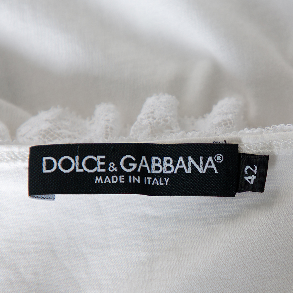 Dolce & Gabbana White Knit Lace Trim Waist Tie Detail Top M