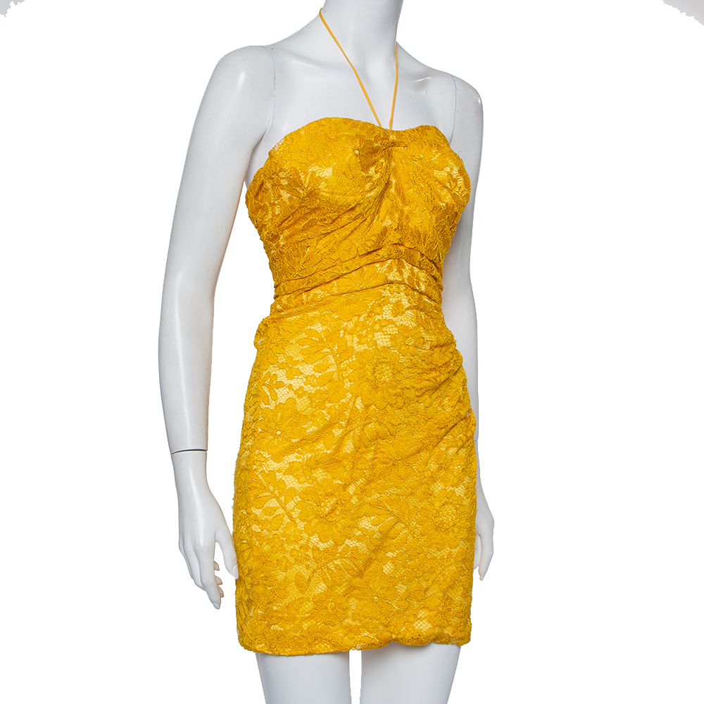 

Dolce & Gabbana Yellow Lace Draped Strapless Mini Dress