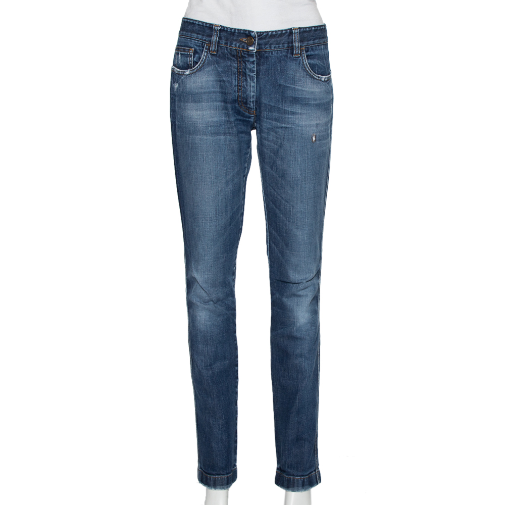 Dolce & Gabbana Navy Blue Faded Denim Distressed Straight Leg Jeans M