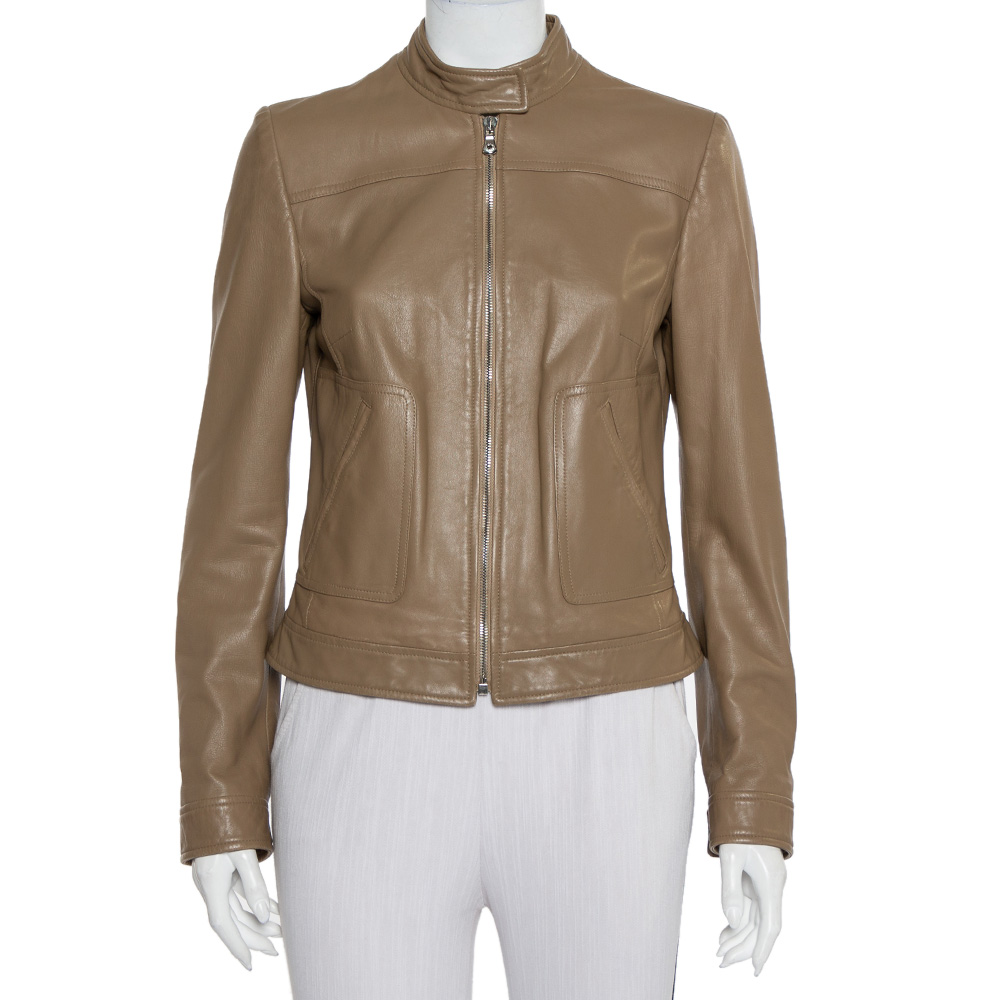 Dolce & Gabbana Camel Brown Leather Zip Front Jacket M