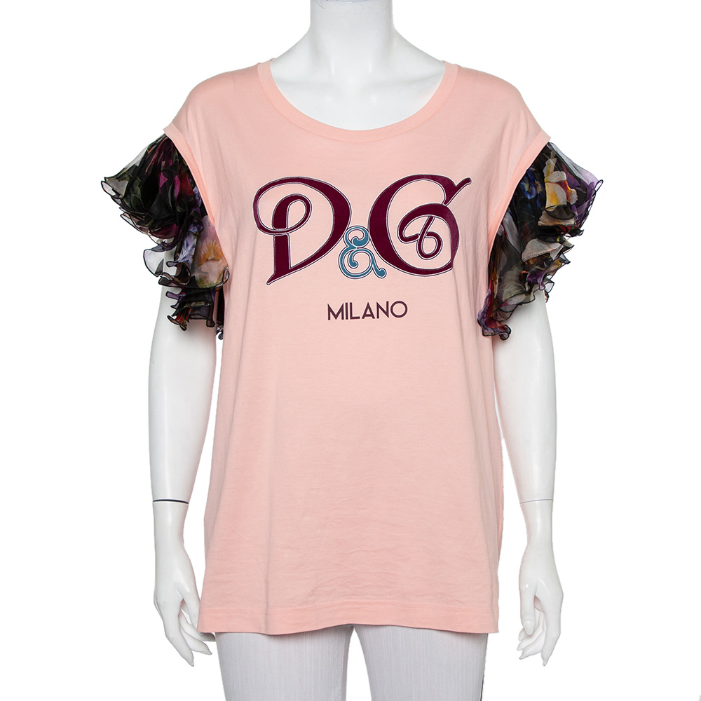 Dolce & Gabbana Pink Logo Printed Cotton Ruffled Sleeve Detail T-Shirt M