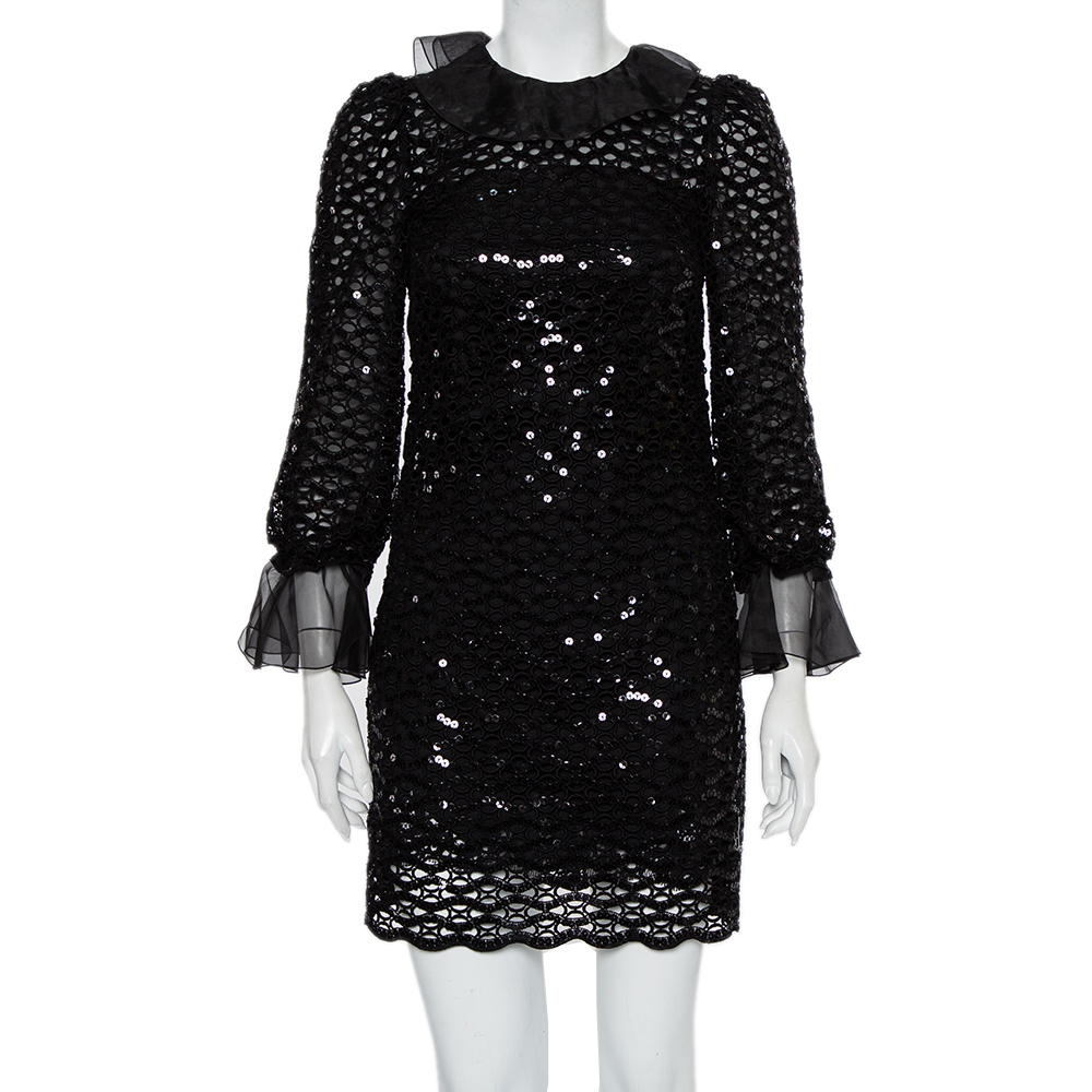 Dolce & Gabbana Black Sequin Embellished Ruffled Trim Shift Dress S