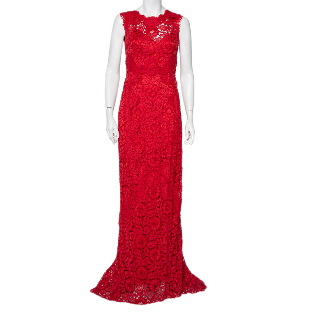 Dolce & Gabbana Red Lace Open Back Sleeveless Maxi Dress M