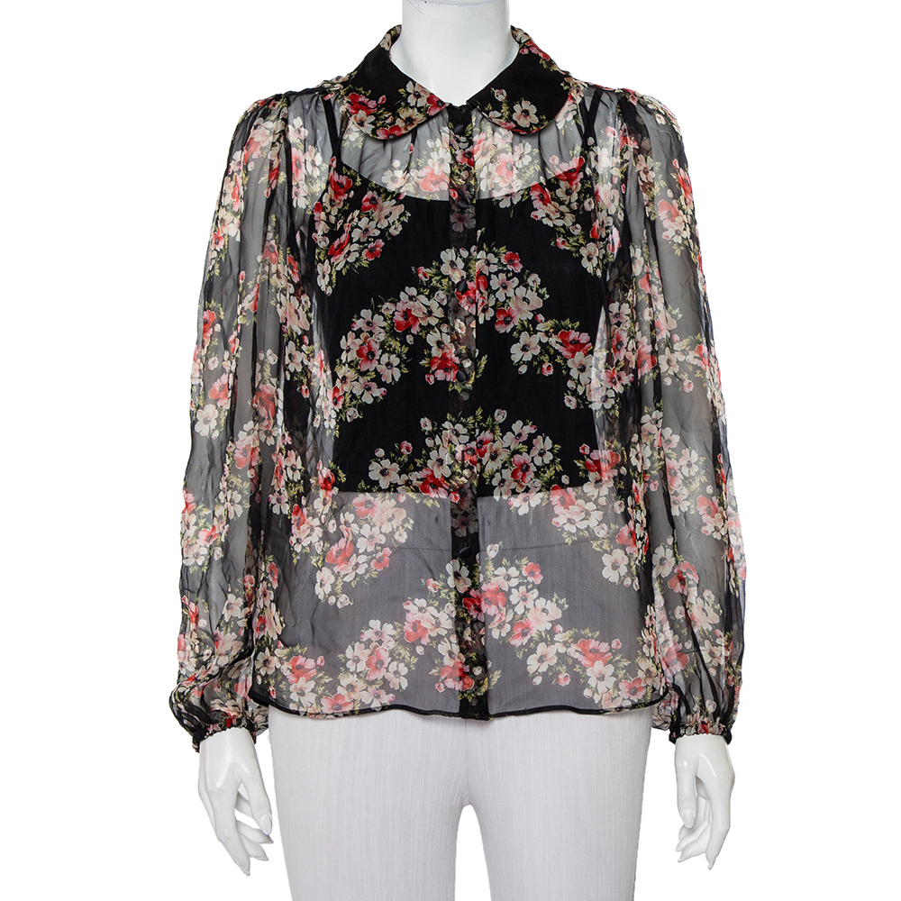 Dolce & Gabbana Black Floral Printed Silk Button Front Sheer Shirt M