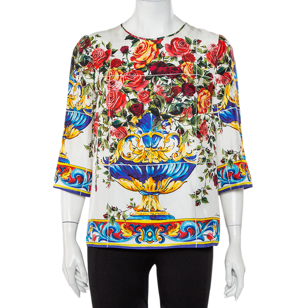 Dolce & Gabbana Multicolor Floral Majolica Printed Silk Top M