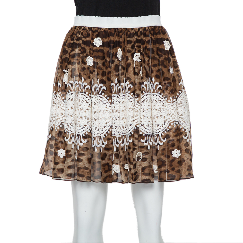 Dolce & Gabbana Brown Animal printed Silk & Lace Paneled Mini Skirt S