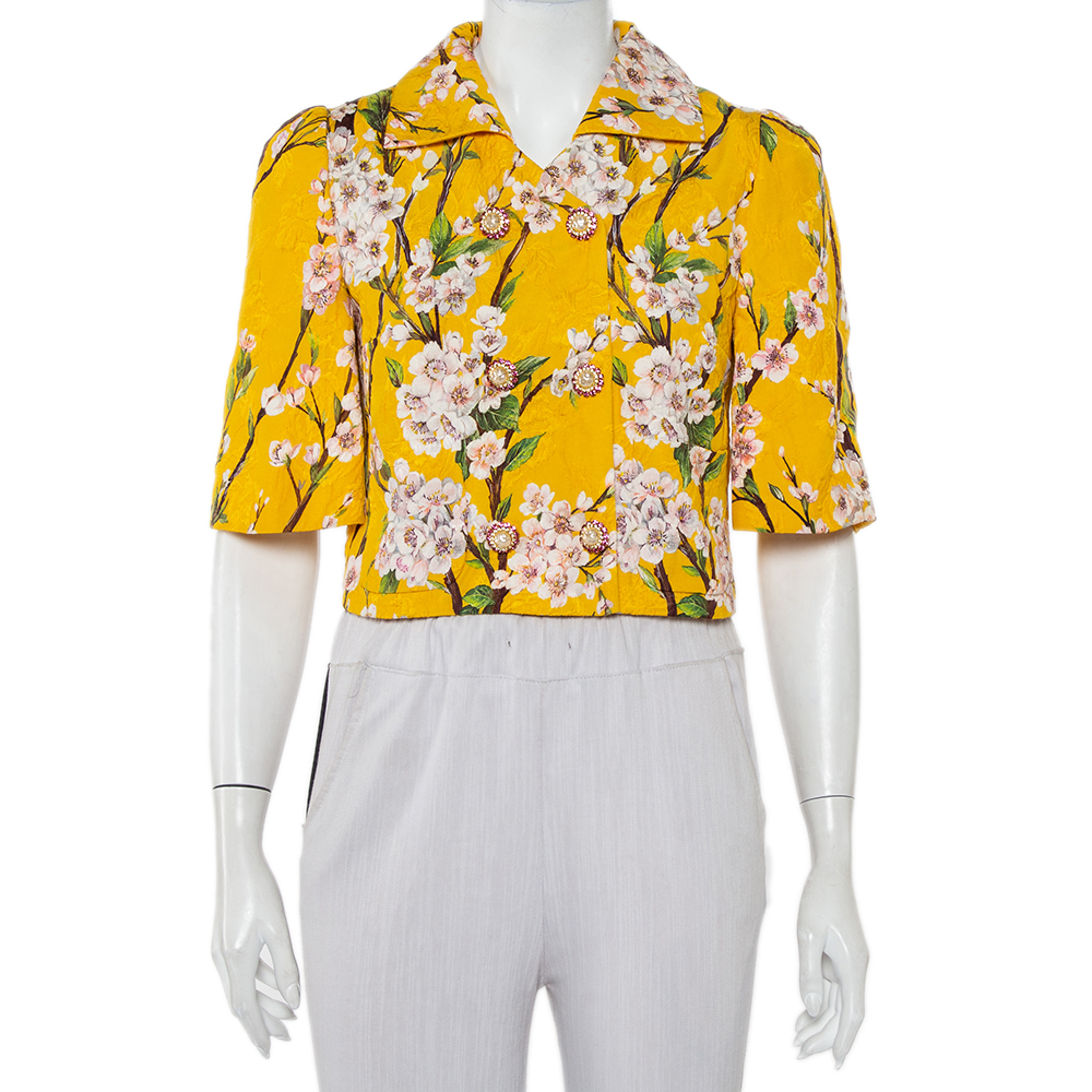 Dolce & Gabbana Yellow Almond Blossom Printed Jacquard Double Breasted Cropped Jacket S