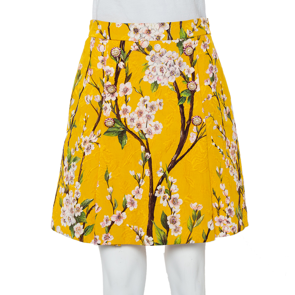 Dolce & Gabbana Yellow Almond Blossom Printed Jacquard Pleated Mini Skirt M