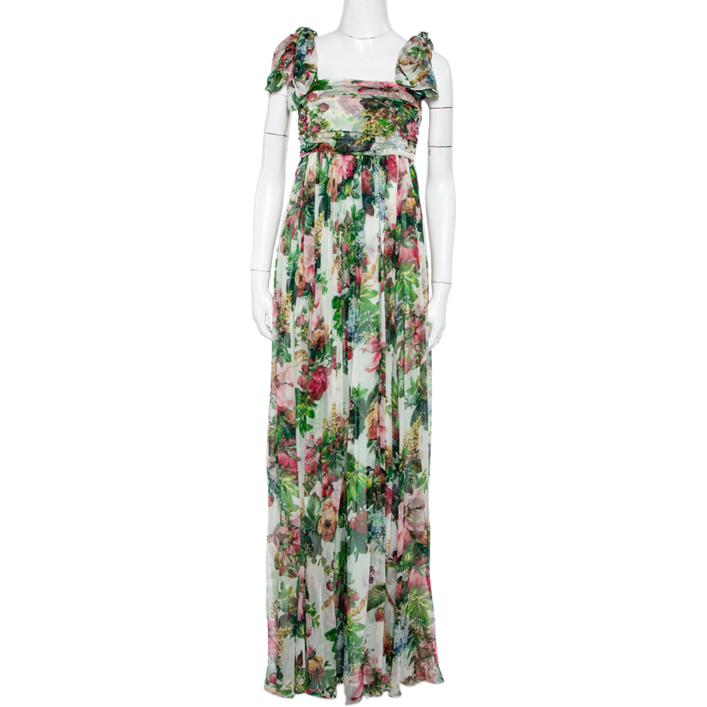 Dolce & Gabbana Vintage Multicolor Floral Printed Silk Waist Tie Detail Sleeveless Long Dress S