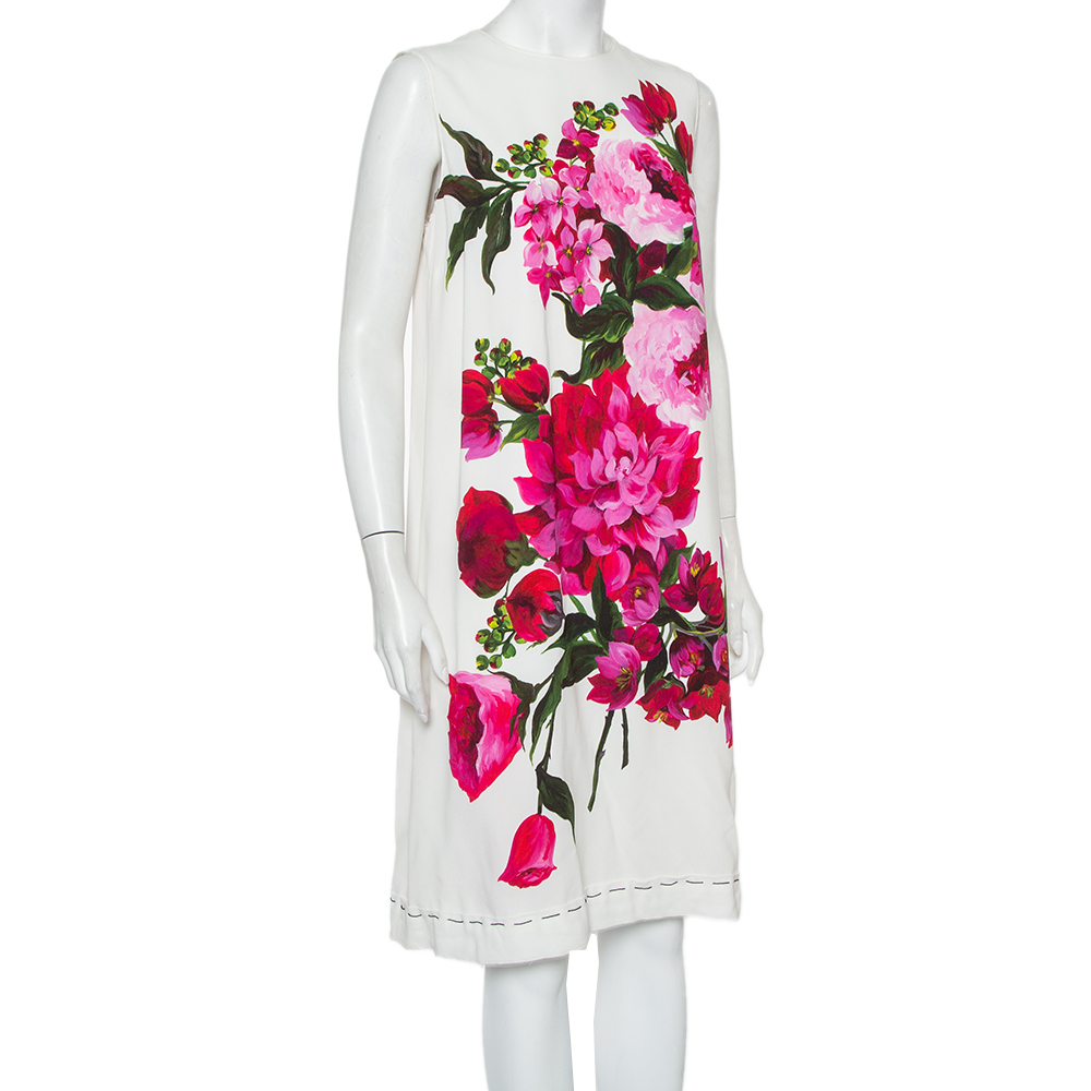 

Dolce & Gabbana White Crepe Peony Printed Shift Dress