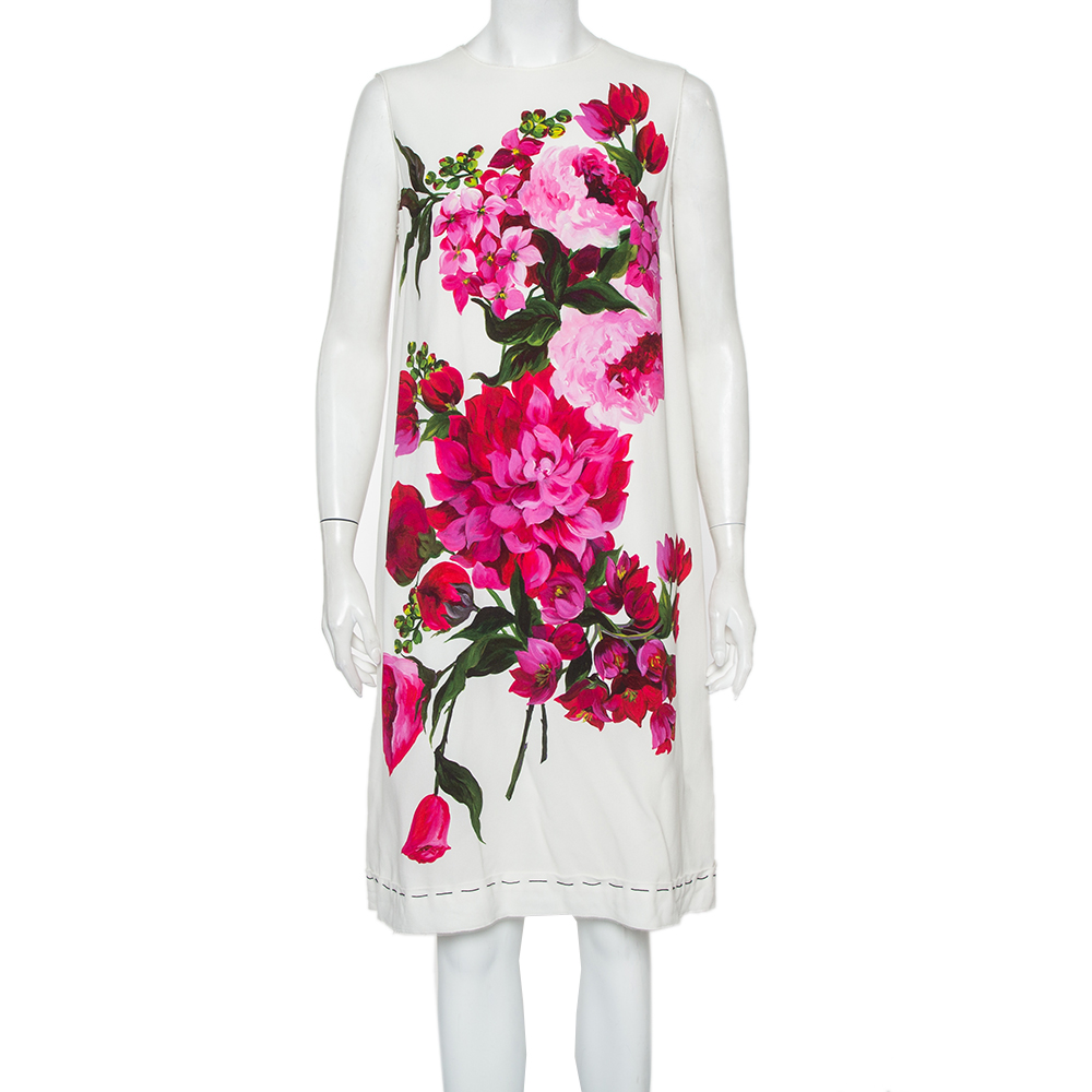 Dolce & Gabbana White Crepe Peony Printed Shift Dress M
