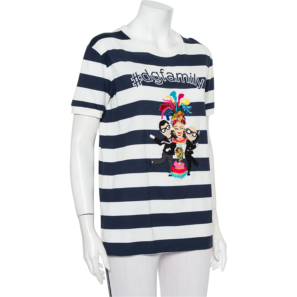 Dolce & Gabbana White & Navy Blue Striped Cotton Patch Detail Crewneck T-Shirt M