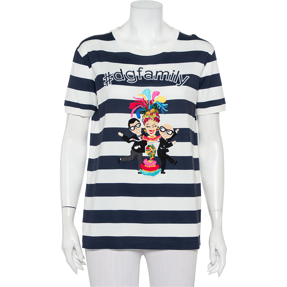 Dolce & gabbana white & navy blue striped cotton patch detail crewneck t-shirt m