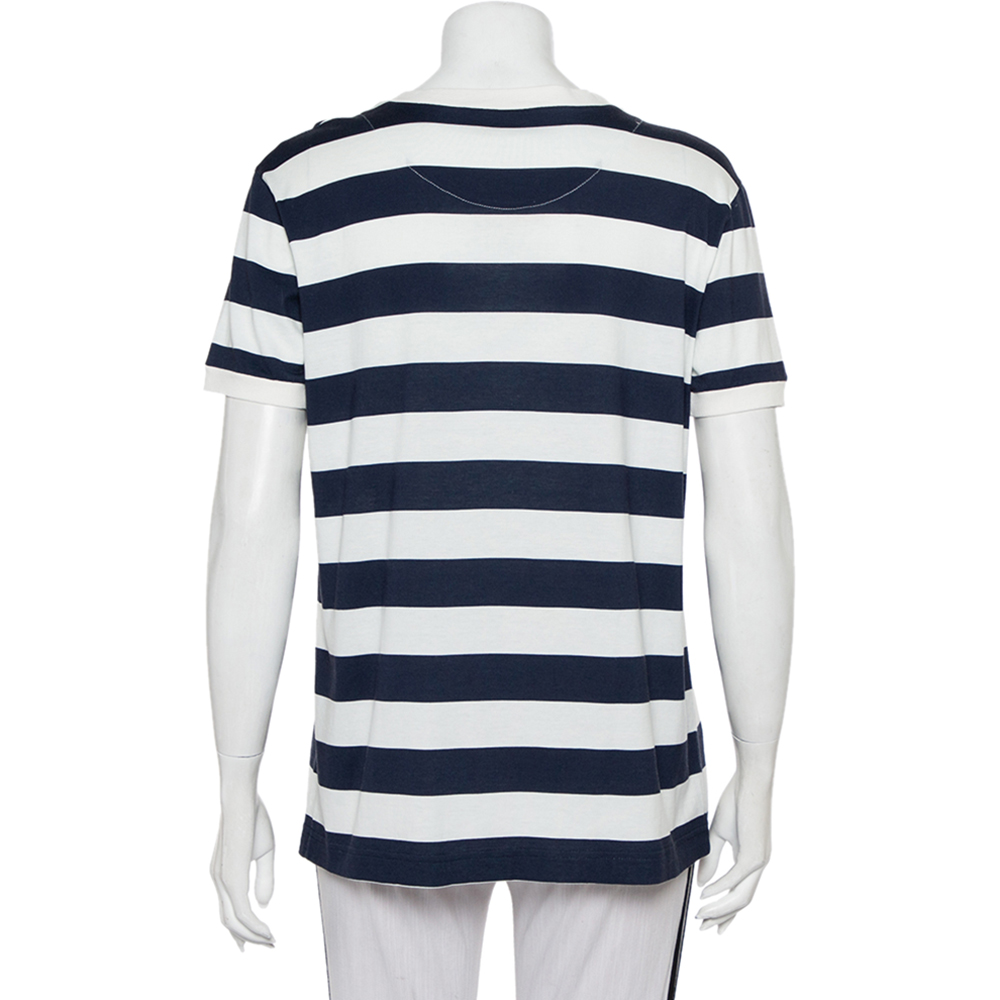 Dolce & Gabbana White & Navy Blue Striped Cotton Patch Detail Crewneck T-Shirt M