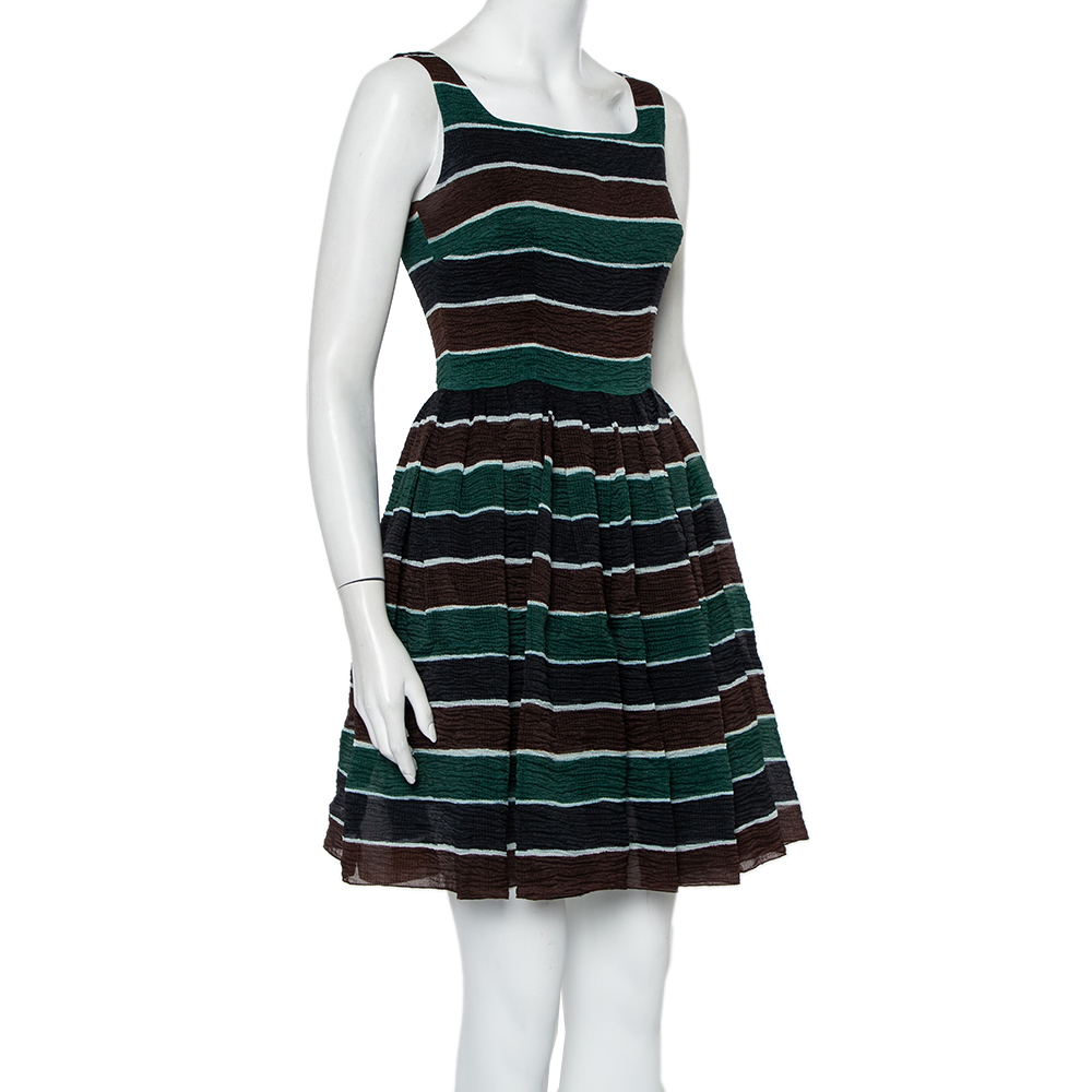 Dolce & Gabbana Multicolor Striped Textured Silk Pleated Mini Dress S