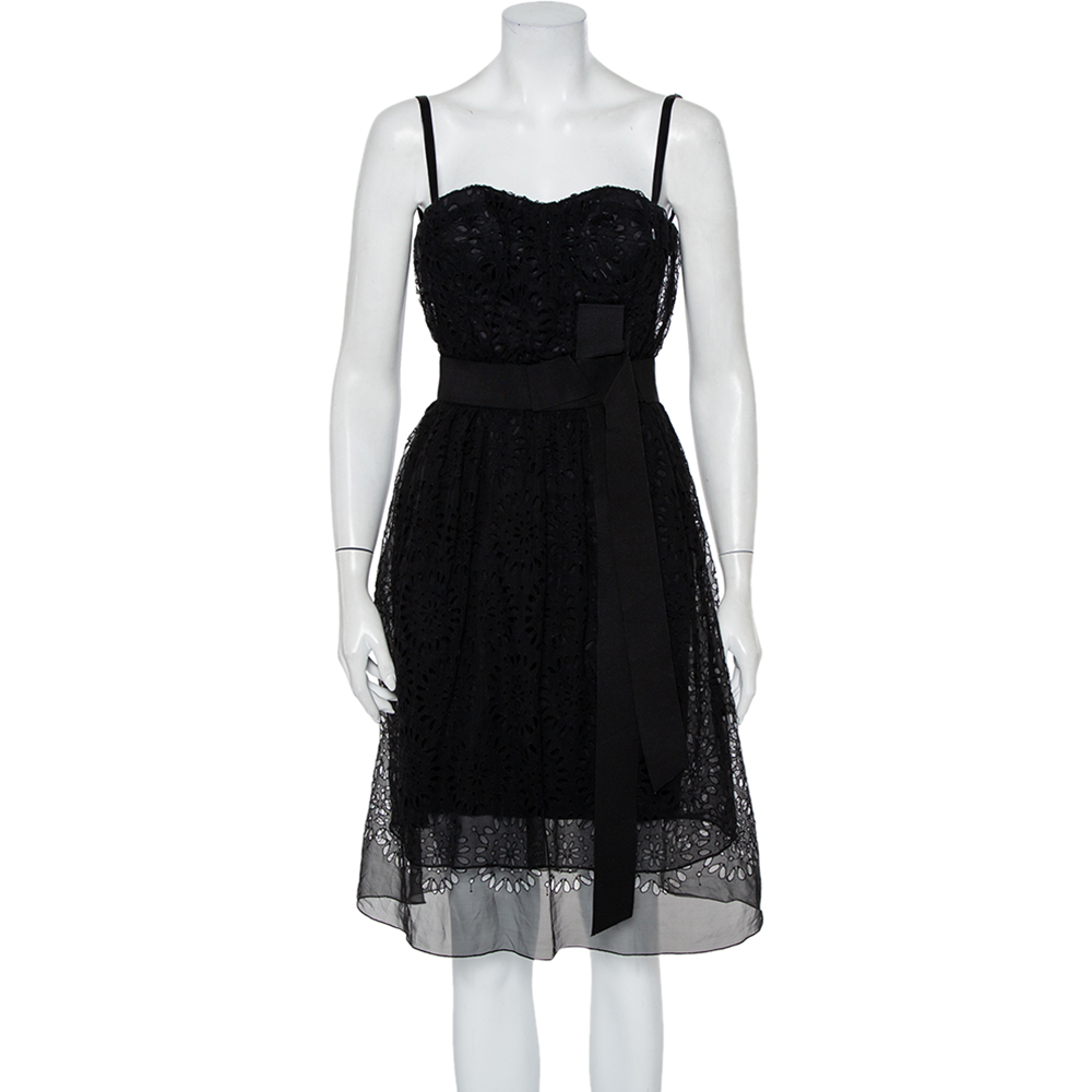 Dolce & Gabbana Black Cutwork Chiffon Bustier Detail Sleeveless Midi Dress XS