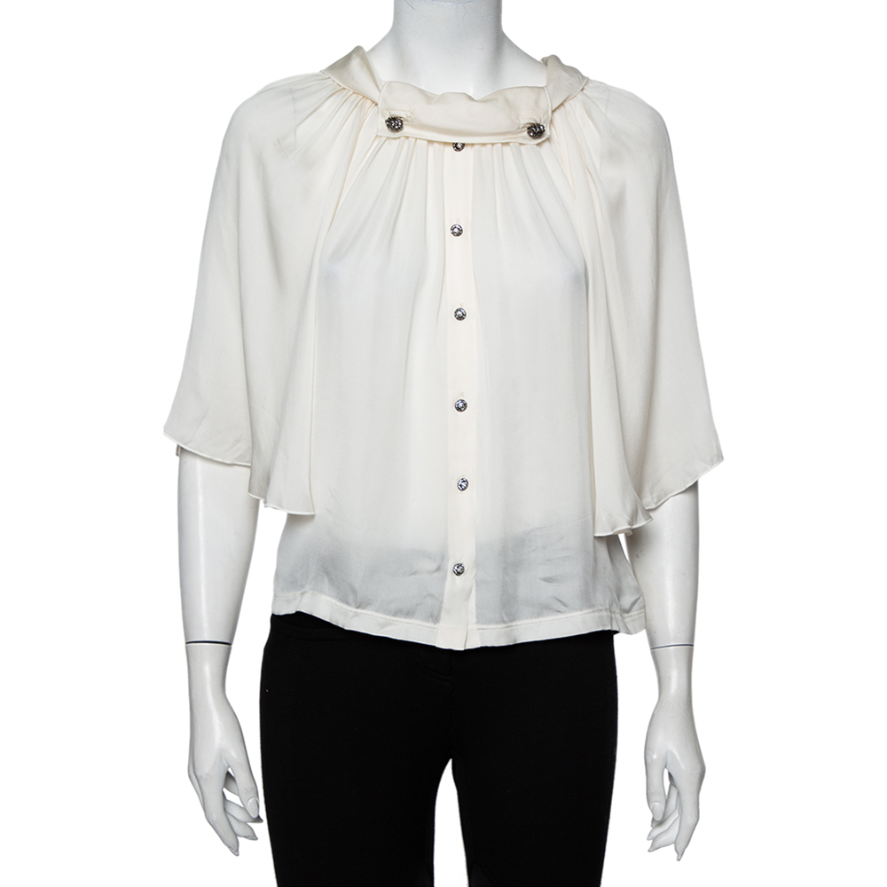Dolce & Gabbana off White Silk Embellished Button Detail Bell Sleeve Top S
