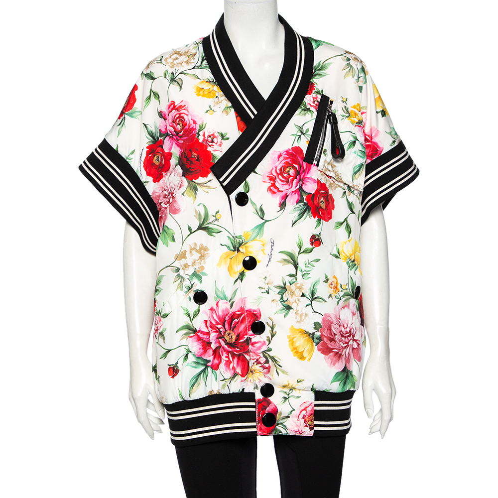 Dolce & Gabbana White Floral Printed Synthetic Contrast Trim Faux Wrap Bomber Jacket M