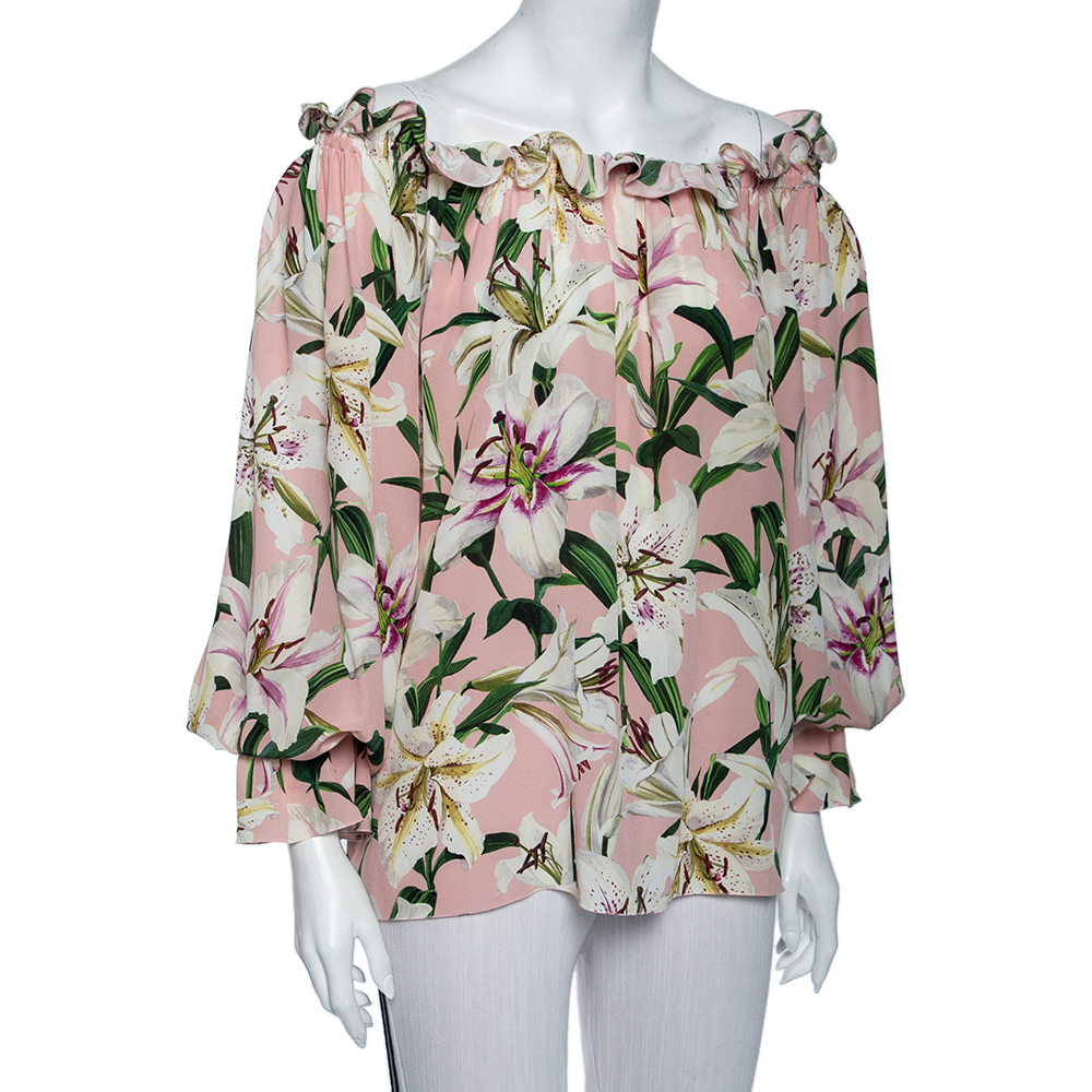 

Dolce & Gabbana Pink Lily Printed Silk Ruffled Off Shoulder Gypsy Top