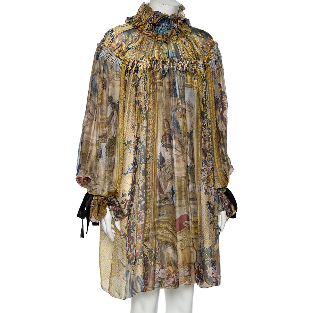 

D&G Multicolor Printed Silk Gathered & Ruffled Long Sleeve Tunic