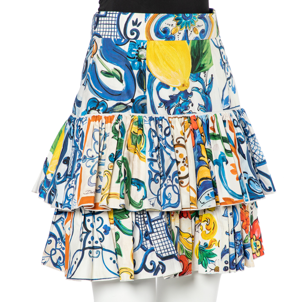 

Dolce & Gabbana Multicolor Majolica Printed Cotton Tiered Skirt, White