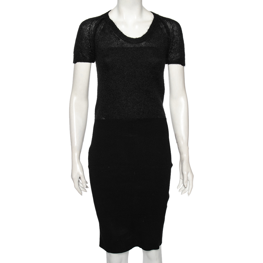 Dolce & gabbana black wool and knit bodycon skirt detailed midi dress s