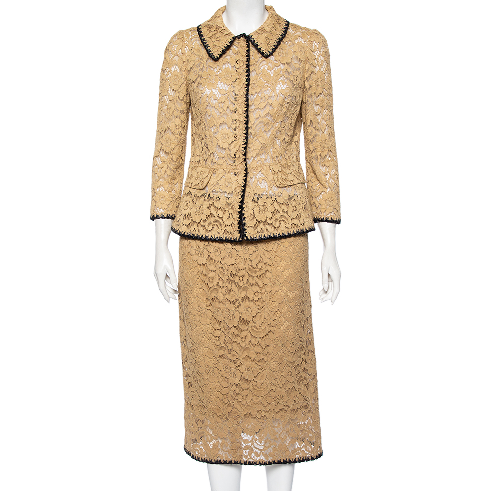 Dolce & Gabbana Beige Floral Lace Contrast Trimmed Jacket & Skirt Set M