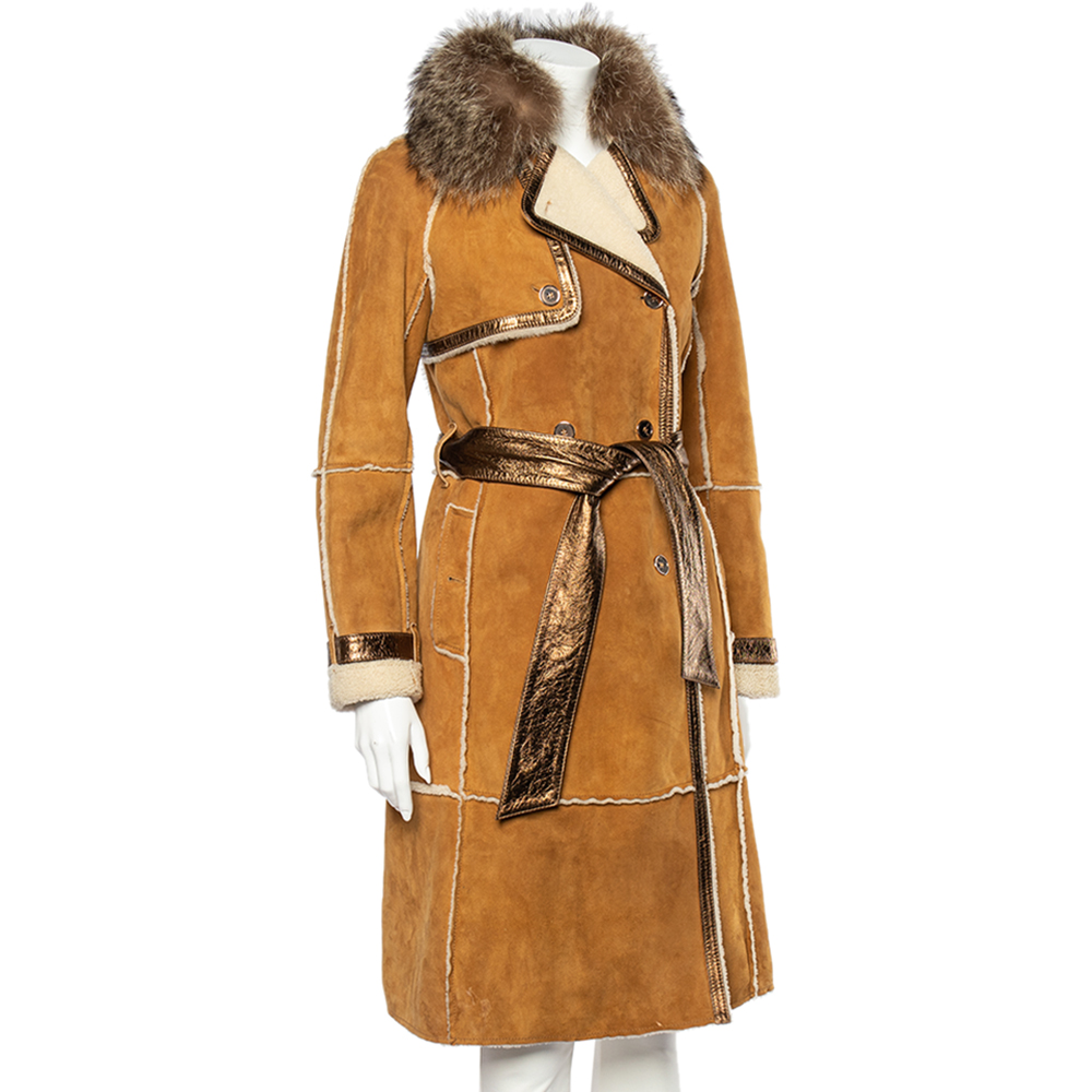 

Dolce & Gabbana Tan Suede And Fur Trimmed Double Breasted Belted Coat