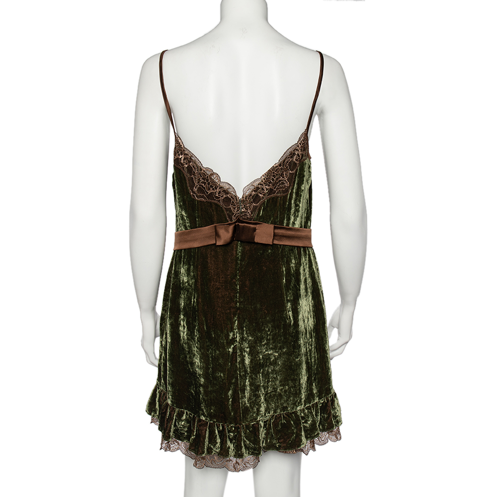 Dolce & Gabbana Dark Green Velvet Contrast Lace Trim Slip Dress L