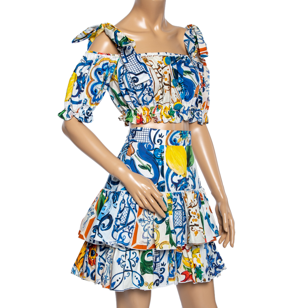 

Dolce & Gabbana Multicolored Majolica Printed Cotton Crop Top & Tiered Skirt Set, Multicolor