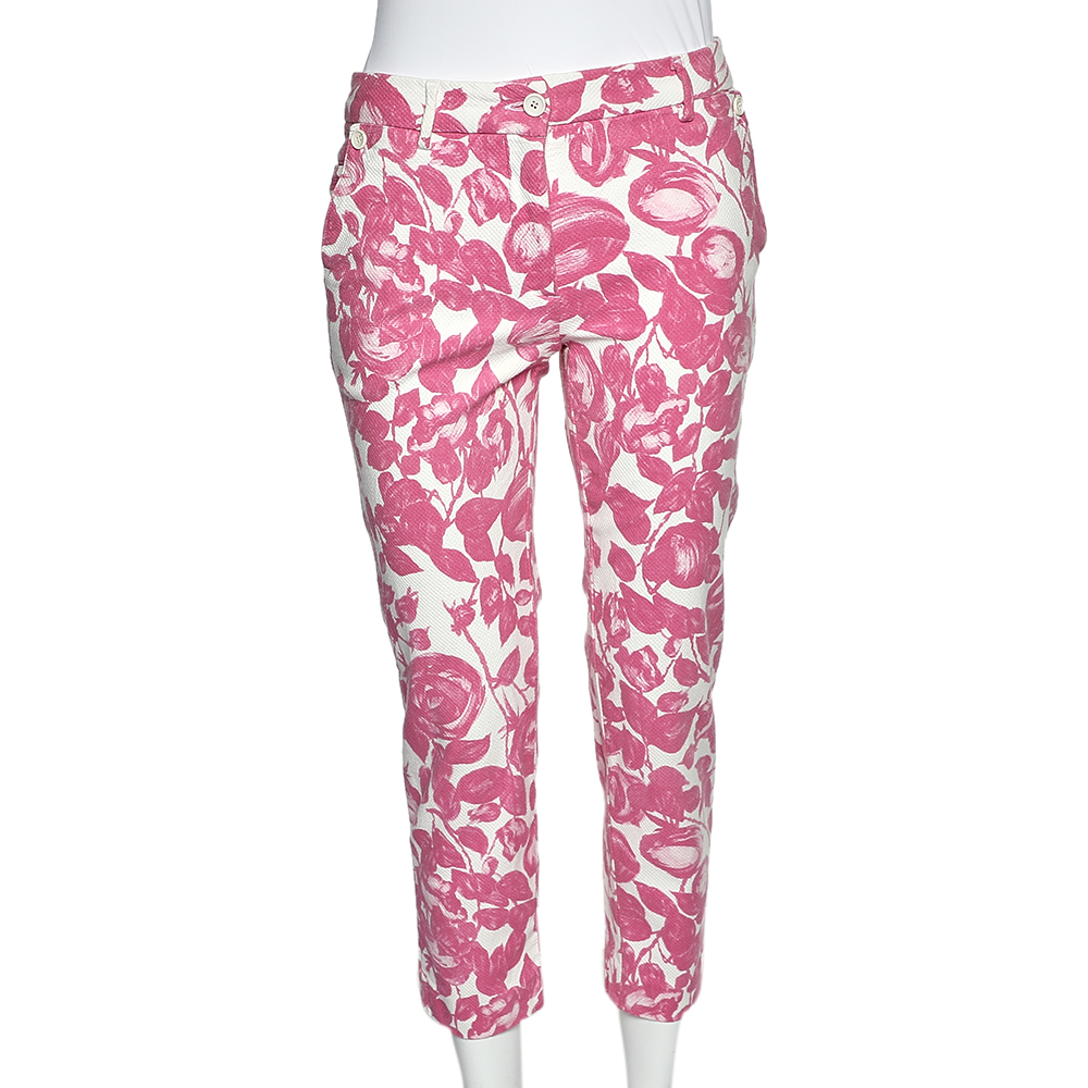 Dolce & gabbana pink floral printed textured cotton tapered leg pants m