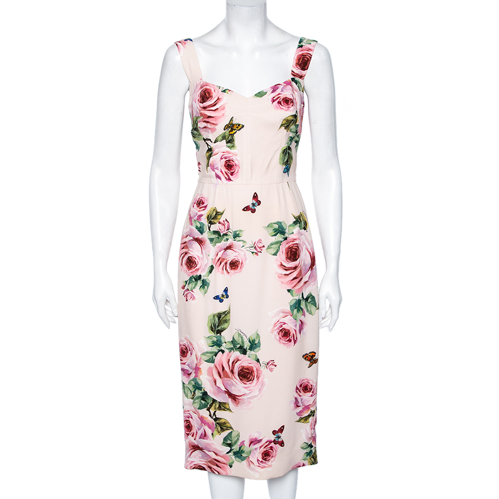 Dolce & Gabbana Pink Rose Printed Crepe Sleeveless Midi Dress S