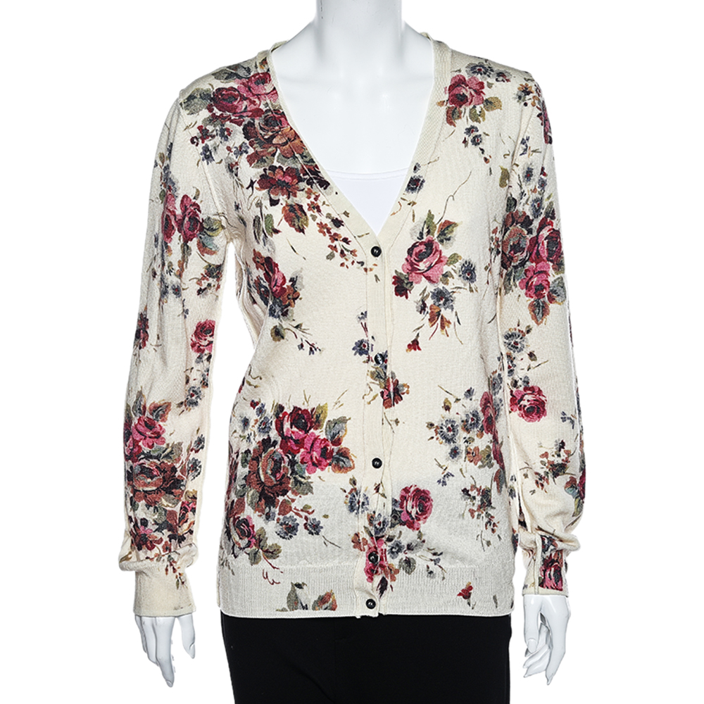 D&G Cream Floral Printed Wool Button Front Cardigan L