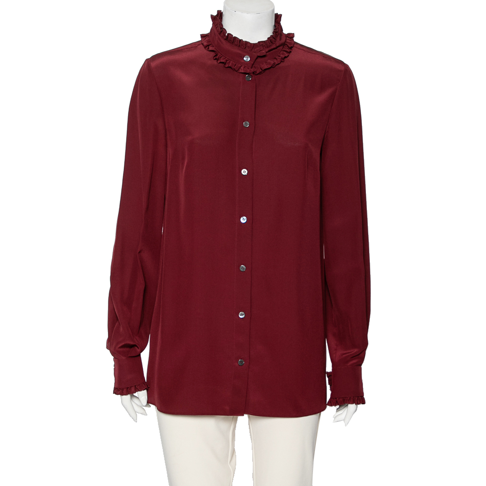 Dolce & Gabbana Burgundy Silk Ruffle Trim Detailed Button Front Shirt M