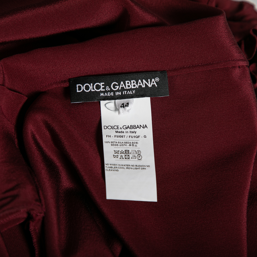 Dolce & Gabbana Burgundy Silk Ruffle Trim Detailed Button Front Shirt M