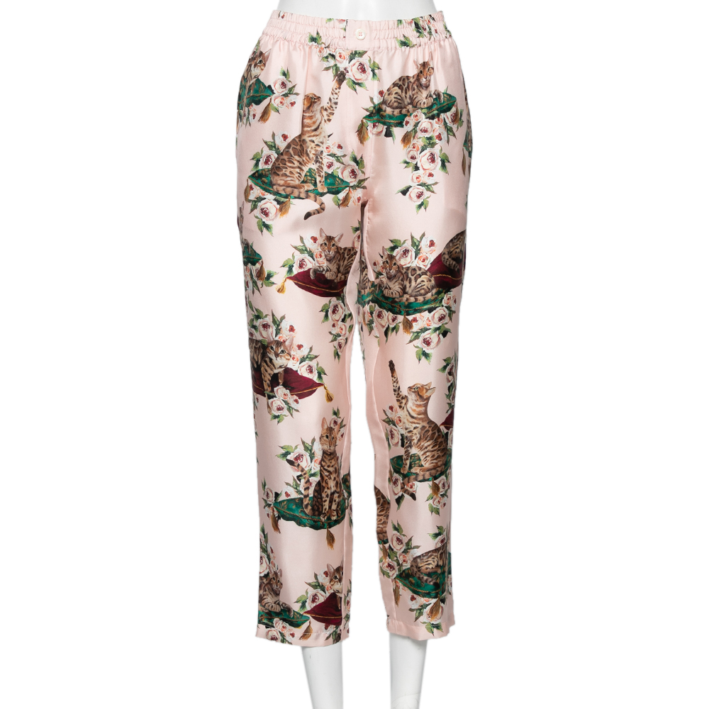 

Dolce & Gabbana Pink Silk Floral & Cat Printed Pajama Pants