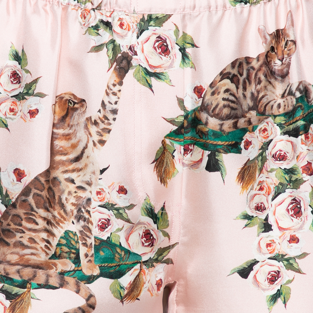 Dolce & Gabbana Pink Silk Floral & Cat Printed Pajama Pants M
