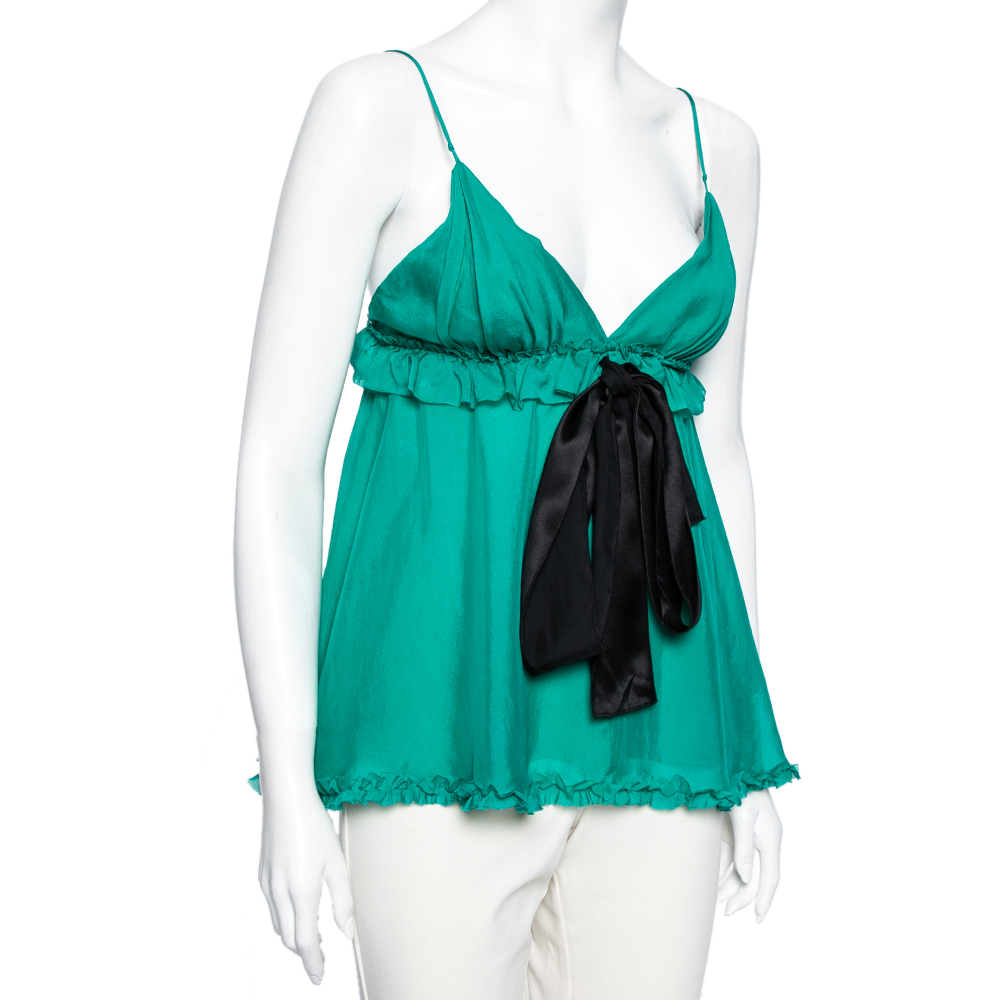 Dolce & Gabbana Green Silk Tie Detail Ruffled Sleeveless Top S