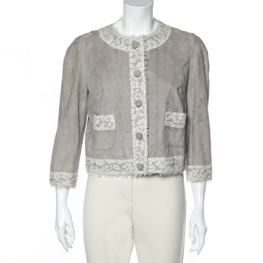 Dolce & gabbana beige suede & lace trim button front blouson jacket m